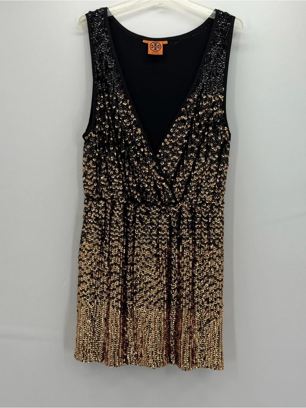 Tory Burch Black Gold Sequin Ombré Sleeveless V-Neck Cocktail Mini Dress SZ-L